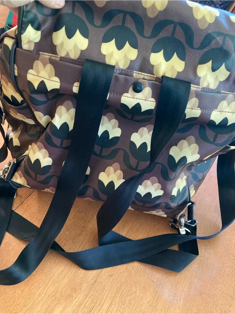 Petunia Pickle Bottom Brown Floral Messenger Diaper Bag with Yellow Tulip Motif